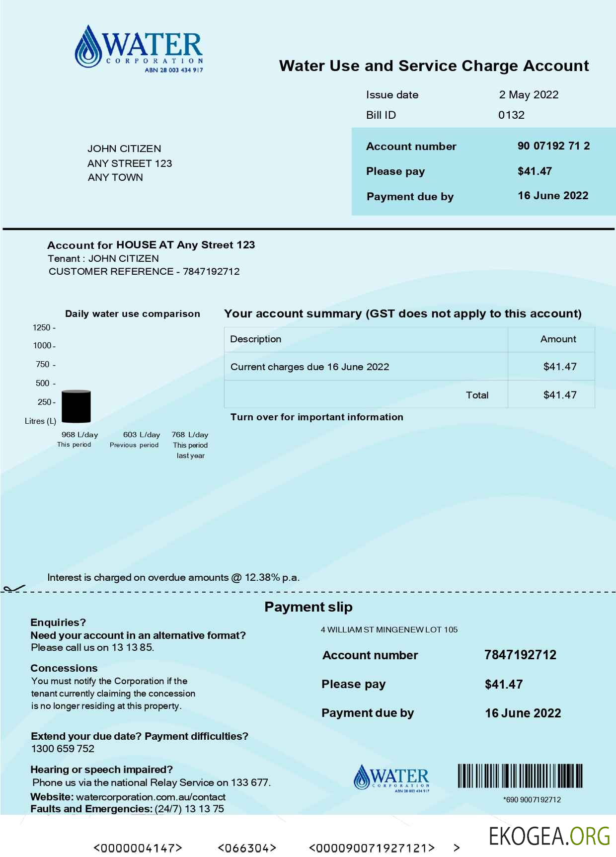 Australia Water Corporation WA utility bill .doc and .pdf template